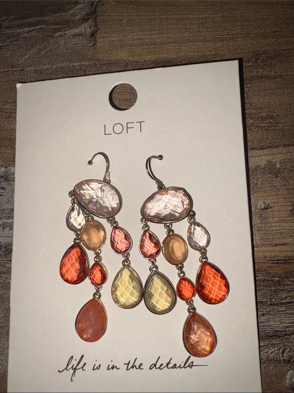 LOFT Multi-Tone Teardrop Chandelier Earrings — Orange, Yellow, Pink, Clear